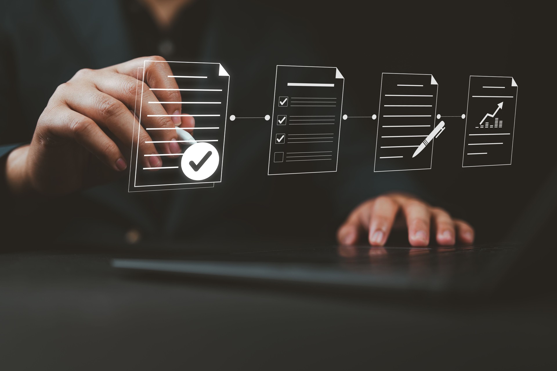 Document Review and Quality Control Process. businessman using laptop, document review and quality control process with digital icons checklist verification, approval, and performance tracking. QC,ISO